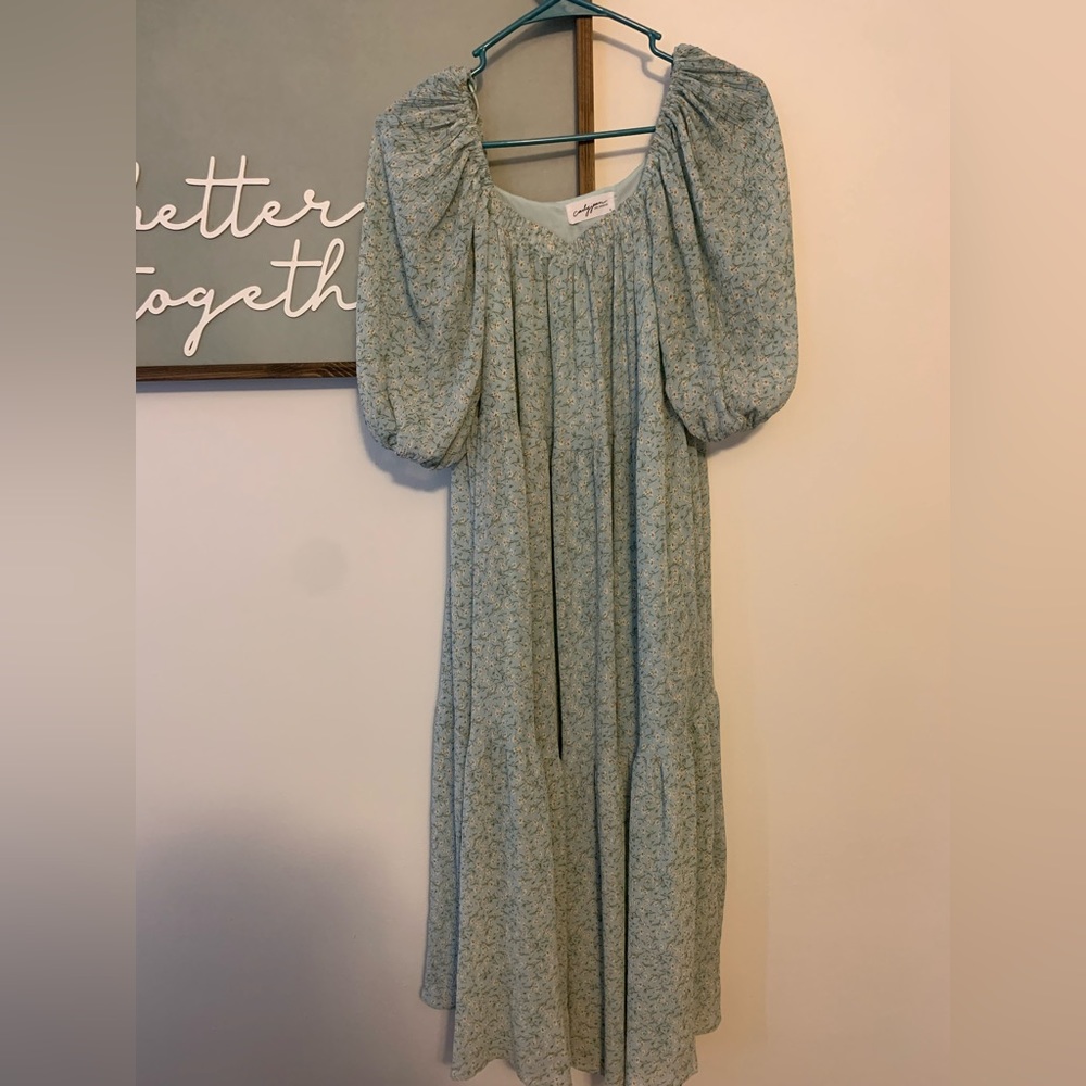 Flowy puff sleeve dress. Beautiful floral patter and falls about the shin.